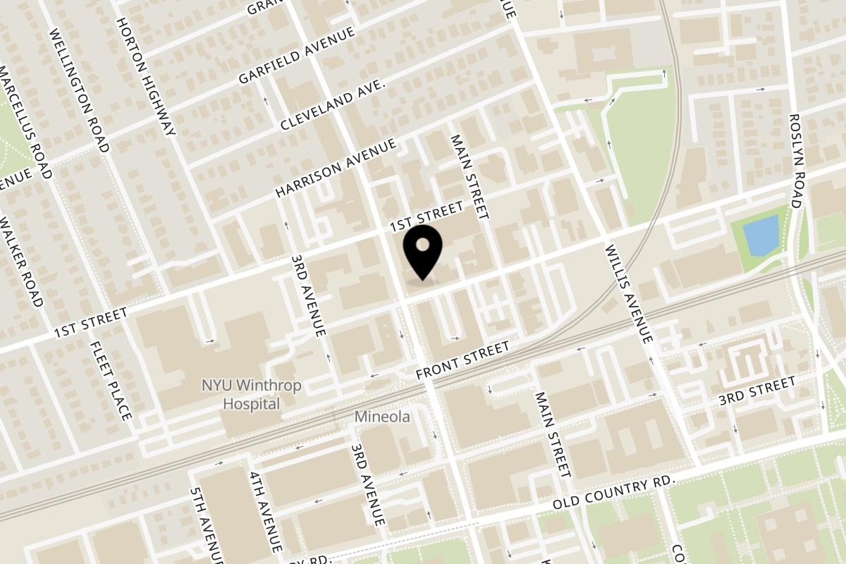 Map showing the location of P.S. Burgers on 198 2nd St in Mineola